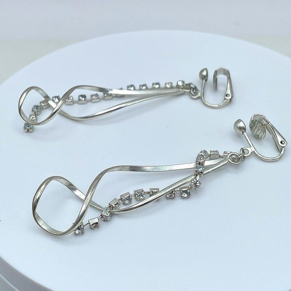 Vintage Silver Tone Twisted Ribbon Dangle Jewelry Earrings Clear Crystal 80s